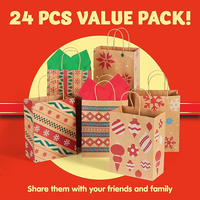 JOYIN 24 Christmas Kraft Gift Bags for Classrooms and Party Favors, Holiday Goody Gift Bags for Xmas Present Wrapping, Christmas Decorations, Party Supplies Decor (10.2" x 4.2" x 6.3 ")