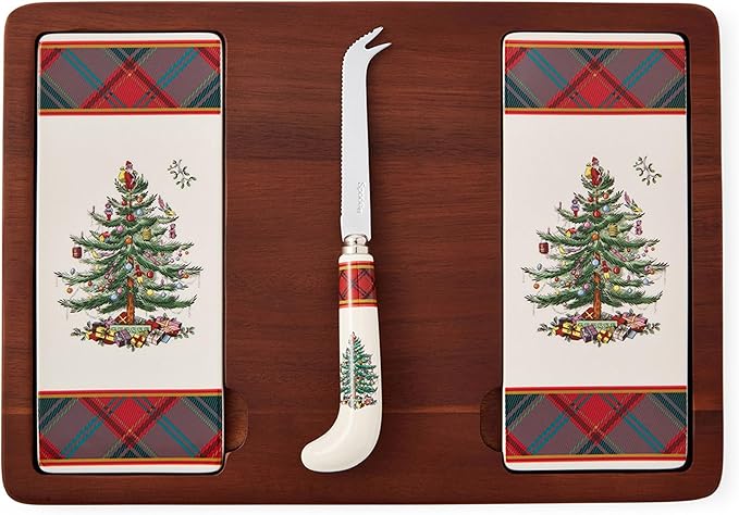 Spode Christmas Tree Cheese Board & Knife Set, Tartan Plaid - Holiday Entertaining, Charcuterie & Cracker Tray, Seasonal Serveware - Christmas Table Setting & Presentation