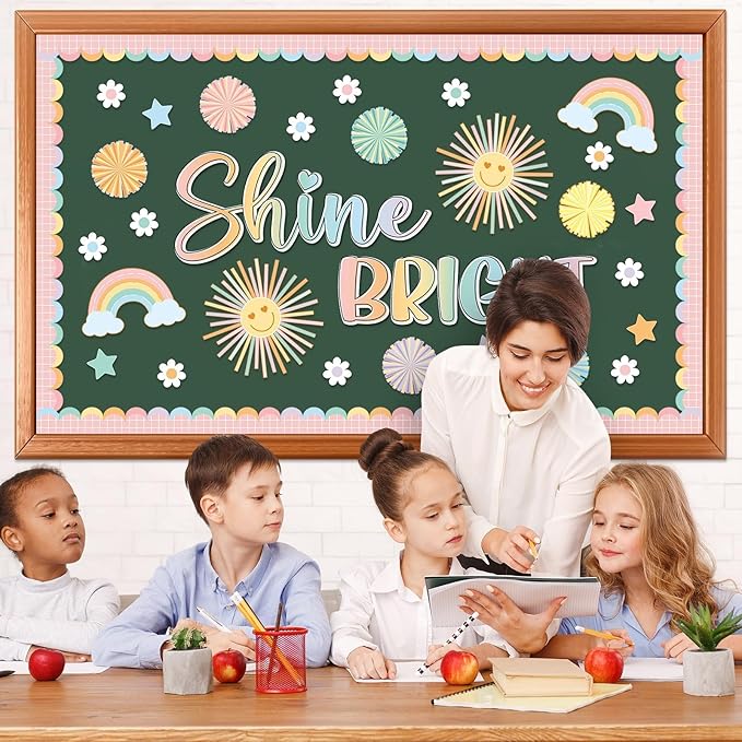 Boho Shine Bright Bulletin Board Set Summer Pastel Sun Classroom Decorations Colorful Rainbow Flowers Paper Cutouts for Teacher Supplies Back to School Nursery Chalkboard Home Office Wall Door Decor