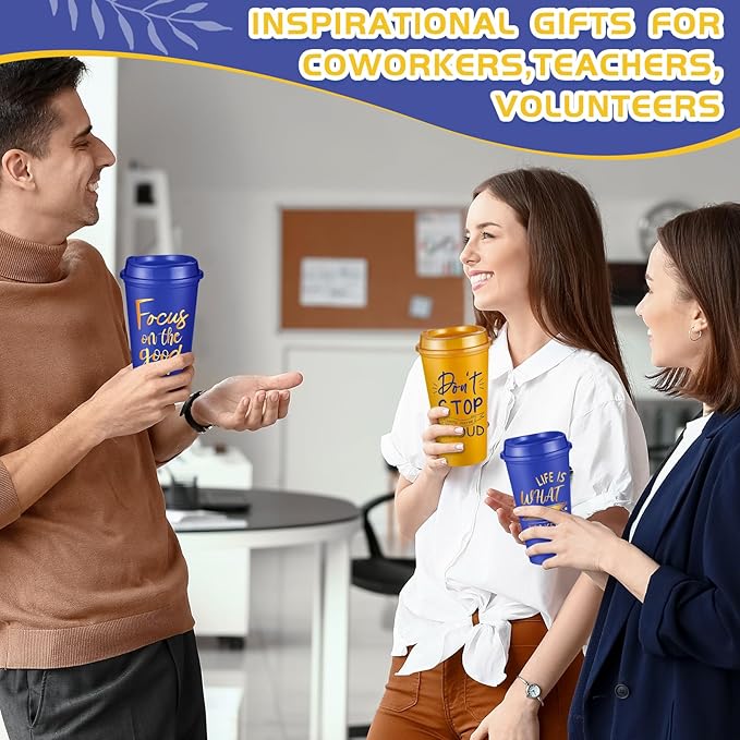 12 Pcs Inspirational Gifts for Employee Coworkers Staff Teammate, 16oz Reusable Plastic Coffee Cups with Positive Sayings, Bundle Gifts for Woman Man Coworker (Blue,Gold,Inspirational)