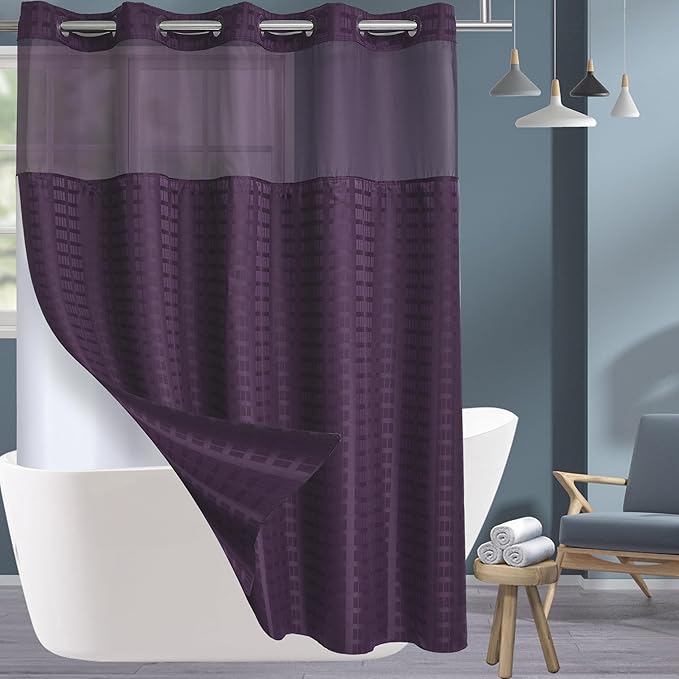 Conbo Mio No Hook Shower Curtain with Snap in Liner Set, Hotel Luxury Purple Shower Curtains for Bathroom with See Through Top Window, Waterproof, Washable 71W x 74H