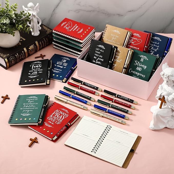 Spakon 20 Set Christian Gifts Bulk Easter Mother's Day Church Sticky Note Spiral Notebook Bible Verse Ballpoint Pen Prayer Journal Religious Scripture Notepad Sunday School Teacher Party Favors