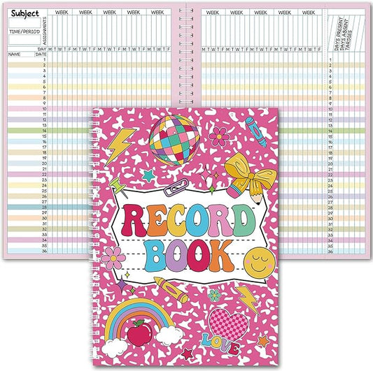 Fuyoooo Teacher Record Book Teacher Grade Book 2026-2027 Spiral Bound Pink Record Class Planner 2026 Gradebook Office Favors for Classroom Attendance Supplies Double Sided Printing