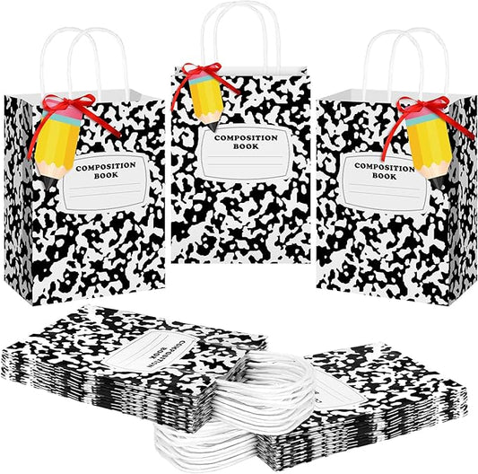 Kolldenn Teacher Gift Bags Composition Paper Bags with Handles Notebook Line Teacher Appreciation Graduation Gifts Bag for Kindergarten Preschool End of Year Party Favors Wrapping(24 Pcs,Composition)