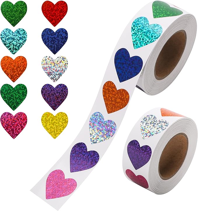 1000 Pcs Foil Heart Stickers, 1 Inch Glitter Small Shiny Sticker for Kids Reward, Self-Adhesive Colorful Incentive Gift for Teachers Supplies, Party Decoration, Wedding
