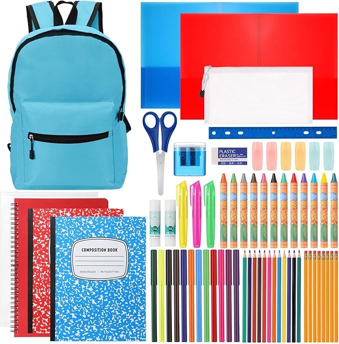 Back to School Supplies with Backpack Kids Kindergarten Preschool Elementary Supply Bundle Kit Middle High School Notebook for K-12 Student Girl Boy Classroom(Light Blue)