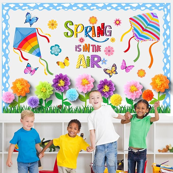 Blosssound 86 Pcs Spring is in The Air Bulletin Board Set Spring Flower Kite Cutouts with 3D Tissue Paper Pompoms Colorful Floral Butterfly Classroom Decorations for School Home Decor Supplies