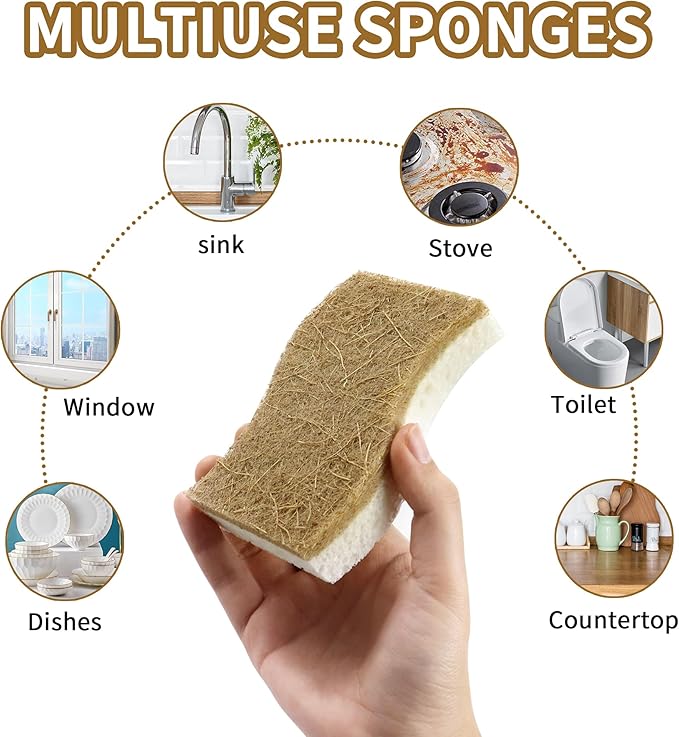 12 Pack Natural Kitchen Sponges, Biodegradable & Compostable | Non-Scratch Cellulose Coconut Fiber Sponges for Dishes, Pots & Pans | Eco-Friendly Cleaning Sponge