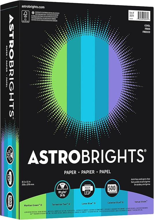 Astrobrights Color Paper - "Cool" Assortment, 24 lb Bond Weight, 8.5 x 11, Assorted Cool Colors, 500/Ream
