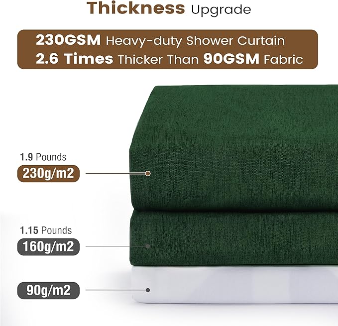 BTTN 3 in 1 Shower Curtain Set, Emerald Green Linen Textured Fabric Shower Curtain and Clear Liner Set with Plastic Hook, Modern Hotel Luxury Weighted Waterproof Shower Curtain for Bathroom, 72x72