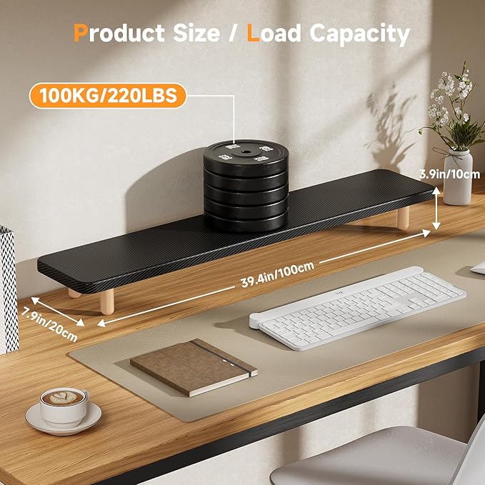 Dual Monitor Stand Riser, 39 Inch Extra Long Wooden Desktop Monitor Riser with Storage for 2 Monitors Ultra Strong Desk Shelf Organizer Riser Ergonomic for 2 Screens/Laptop/PC/TV/Printer, Large, Black