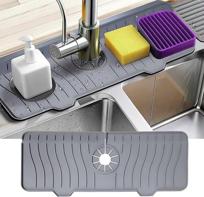 Odrago Silicone Faucet Mat (14.17"x5.70"x0.59"), Bathroom, Countertop and Kitchen Sink Splash Guard, Anti-Slip Faucet Drip Catcher Tray, 90-Degree Foldable Edge, Sloped Design for Fast Drying, Grey
