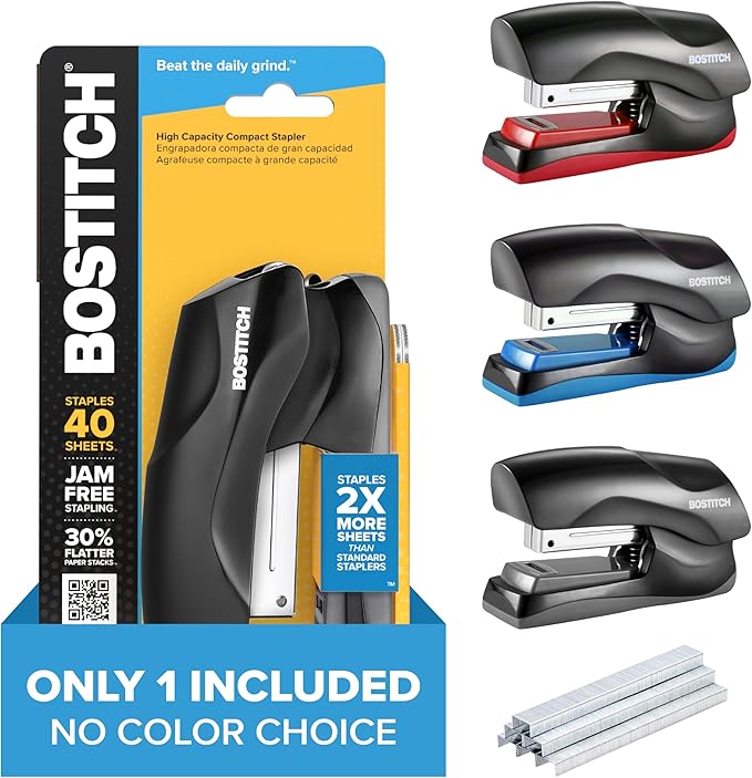 Bostitch Office Heavy Duty Stapler, 40 Sheet Capacity, No Jam, Half Strip, Fits into the Palm of Your Hand, For Classroom, Office or Desk, No Color Choice, One per Order (B175-ASST)