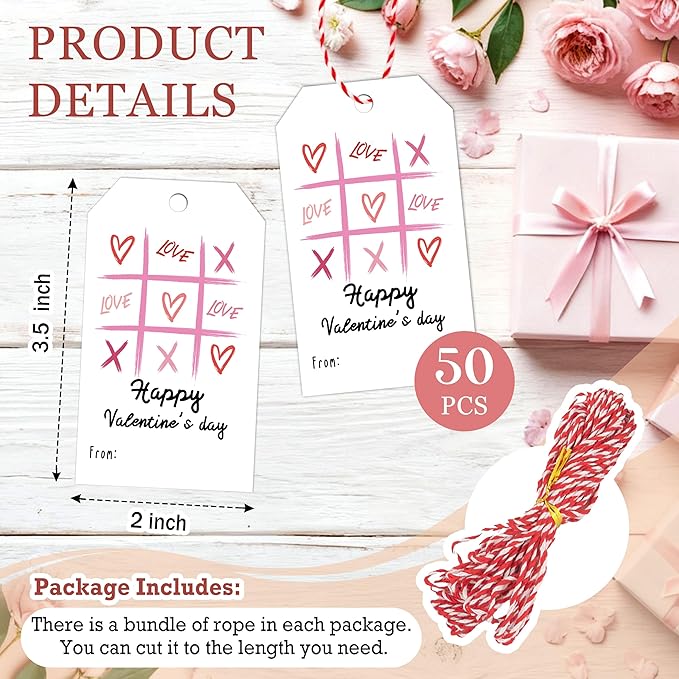 50Pcs Happy Valentines Tags for Bags, Valentine Gift Label with String, Sweet Themed Party or Valentine' Day Thank You Gift Tags Great for Party Favors-XOXO