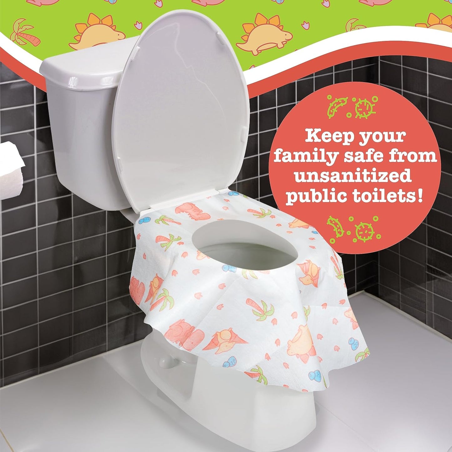 Toilet Seat Covers Disposable (12 pk, Dinosaurs) - XL Waterproof Toilet Cover for Toddlers, Kids & Adults - Portable & Individually Wrapped for Travel, Potty Training, Public Restrooms