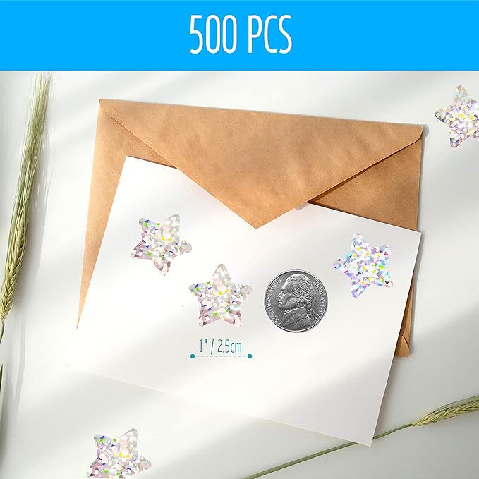 500 PCS Holographic Glitter Star Stickers, Self-Adhesive Metallic Silvery Foil Reflective Sparkly Star Stickers - Reward Behavior Chart Labels for Kids, Students & Teachers (Each Measures 1")