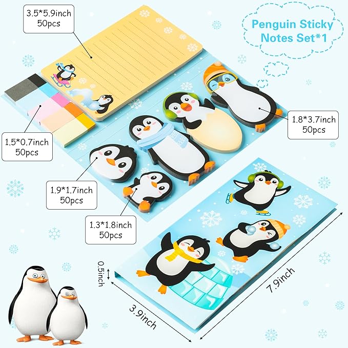 B1ykin Cute Sticky Notes Set - Winter Snowflake Penguin Shaped Self-Stick Notes Pad, 550 Sheets Writing Memo Pages Sticky Notepad for Teacher Appreciation Gifts, School Office Supplies (Penguin)