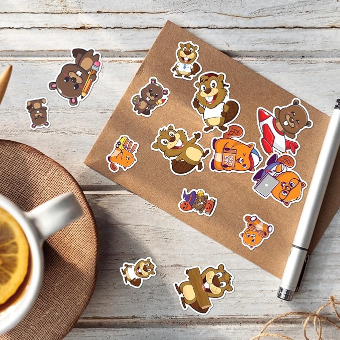 Cute Beaver Cartoon Stickers Pack 50Pcs Waterproof Vinyl Animal Decals for Laptop Water Bottles Notebooks Skateboard Luggage Scrapbooking Fun Aesthetic Gift