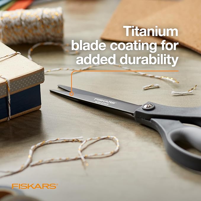 Fiskars 8" Non-Stick Comfort Grip Titanium All Purpose Scissors, Stainless Steel Blades for Everyday Cutting Tasks, Home, Office, and Arts & Crafts, Gray