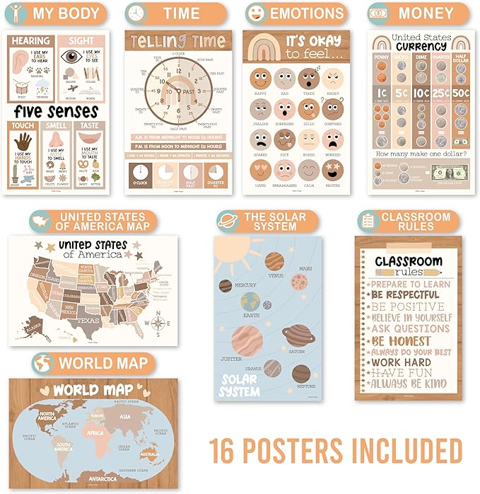 Hadley Designs 16 Educational Posters for Toddlers 1-3 - Learning Poster for Kids Ages 3-5, Alphabet Chart Playroom Homeschool Daycare & Classroom Decor, Kindergarten & Preschool Classroom Must Haves