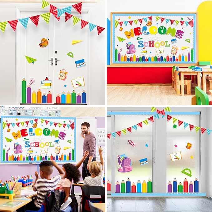 Welcome Bulletin Board Decorations Back to School Colorful Classroom Decoration Welcome Back Bulletin Board Set Cutouts for School Office Chalkboard Wall Door Decor Supplies