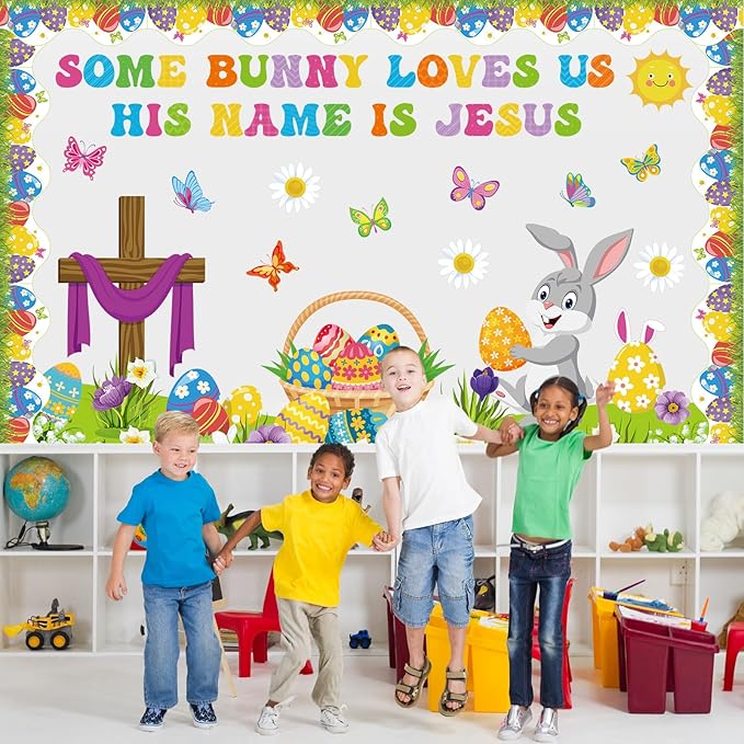 Pasimy Easter Bulletin Board Decorations Set Christian Easter Classroom Decorations Easter Bunny Egg Paper Cut Outs for School Nursery Spring Easter Birthday Party Supplies(Cross)