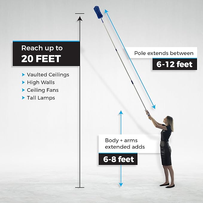 Extendable Microfiber Duster Extension Rod | Ceiling Fan Duster 20 Foot Reach | Cobweb 3-Stage Aluminum Telescoping Pole | Lightweight Webster Telescoping Cleaning Tool | U.S. Duster Co.