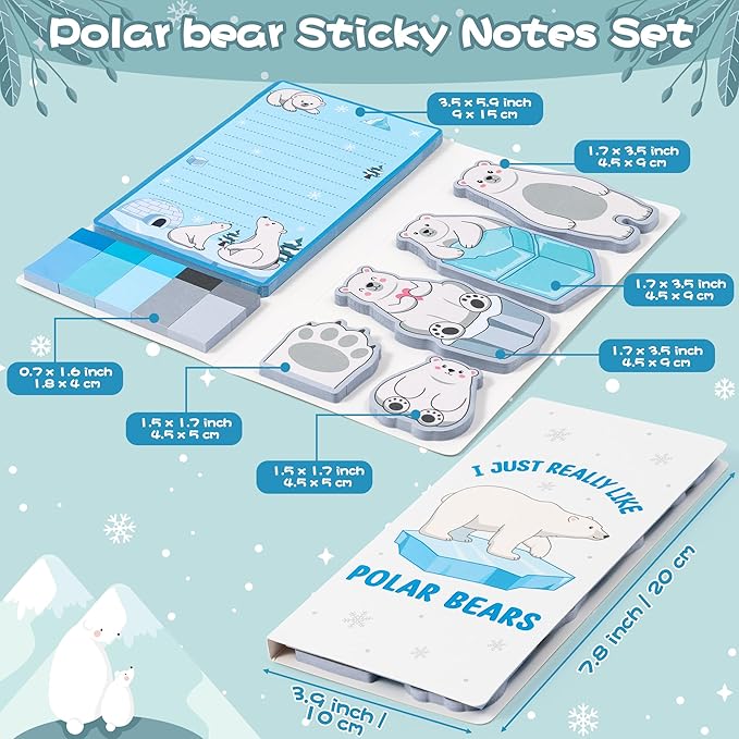 B1ykin Cute Sticky Notes Set - I Just Really Like Polar Bears Self-Stick Notes Pad, 550 Sheets Writing Memo Pages Sticky Notepad for Teacher Appreciation Gifts, School Office Party Supplies (Ice)