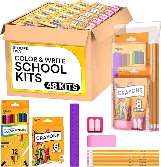E-CLIPS USA Back to School Supplies Kit for Kids School Supplies Set School Supply Kit Colored Pencils For Kids Color Pencil Set Crayons Bulk for Classroom Wooden Pencil #2 (48)