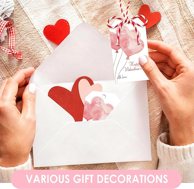 50Pcs Happy Valentines Tags for Bags - Balloon Valentine Gift Tags with String, Hanging Paper Gift Label for Wrapping Treat Bag, Idea Valentines Activity School Classroom Party Favors