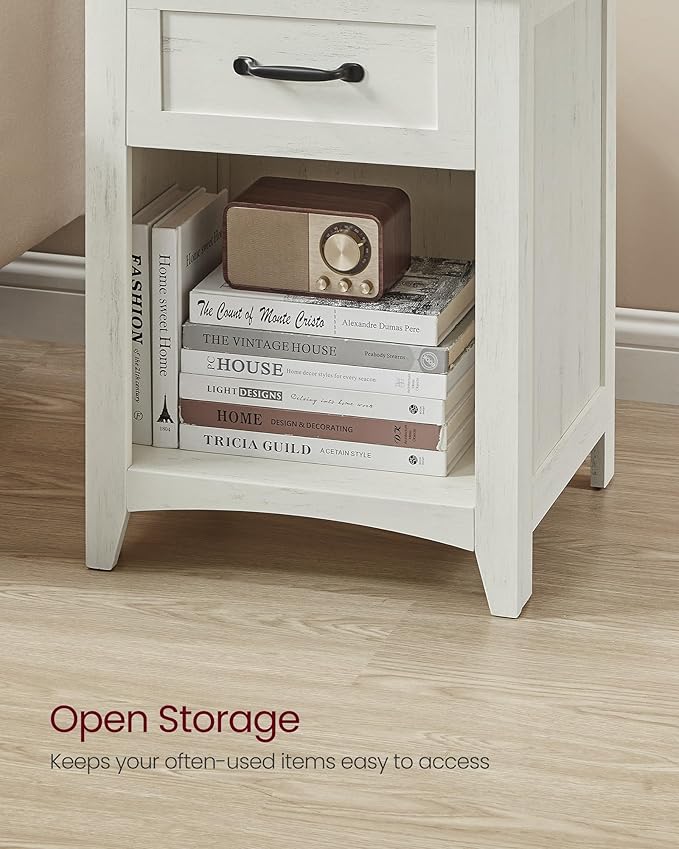 VASAGLE LIRY Collection - Farmhouse Nightstand with Charging Station, Bedside Table, Side Table with Drawer, Open Compartment, for Bedroom, Rustic White and Honey Brown ULET659K41
