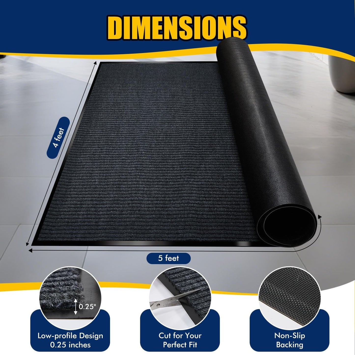 Extra Large Indoor/Outdoor Entrance Mat - 4 x 5 Feet, Rubber Border Door Mat, Waterproof, Low-Profile, Easy to Clean, Rubber Entry Mat,Commercial Floor Mat, Charcoal Grey