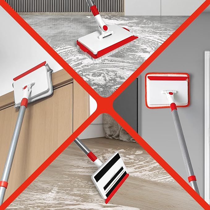 JEHONN Baseboard Cleaner Tool with Handle, 56 inches Base Boards Cleaning Mop Scrubber, 1 Stiff Bristles Brush, 2 Chenille and 2 Microfiber Pads, Wall Duster for Floorboard Ceiling Window Tile