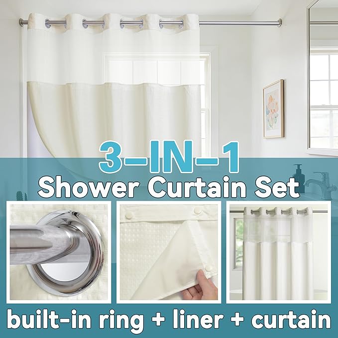 Extra Wide No Hook Waffle Weave Shower Curtain with Snap in Liner Set, 108" x 74" Hotel Luxury Beige Shower Curtains for Bathroom with See Through Top Window, Waterproof, Washable 108W x 74H