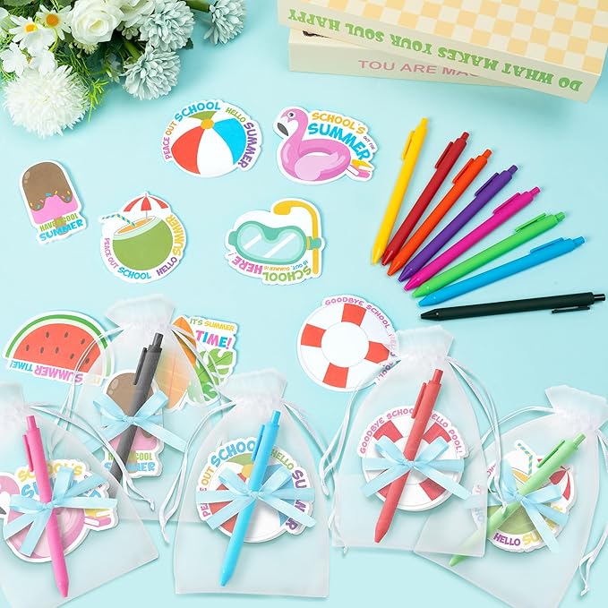 Xqumoi Summer End of The Year Sticky Notes with Pen Gift Set - 24 Set Graduation Gift Pool Beach Self Sticky Writing Memo Pads Ballpoint Pens with Mesh Bag Party Favors School Classroom Supplies