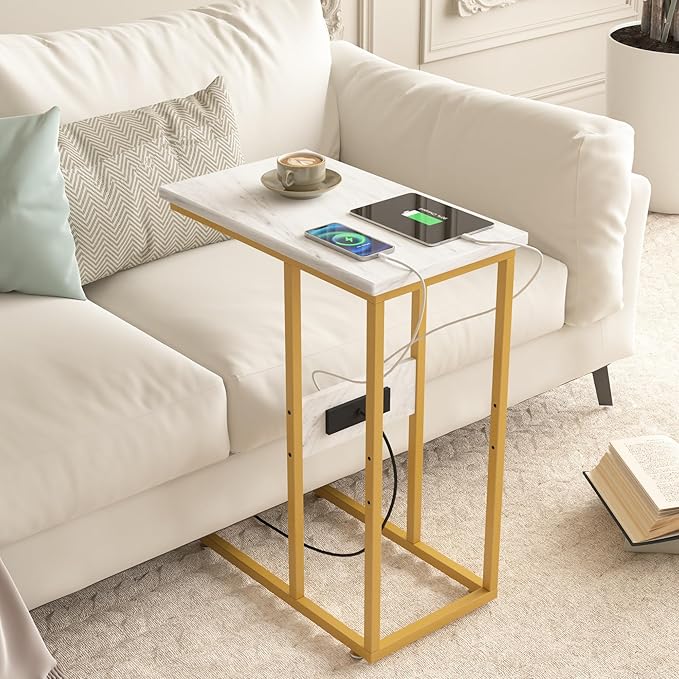 VECELO C Shaped End Table with Charging Station & Power Outlets, Quick Access Side Table for Sofa, C Bedside for Living Room Bedroom 1 Set,Gold