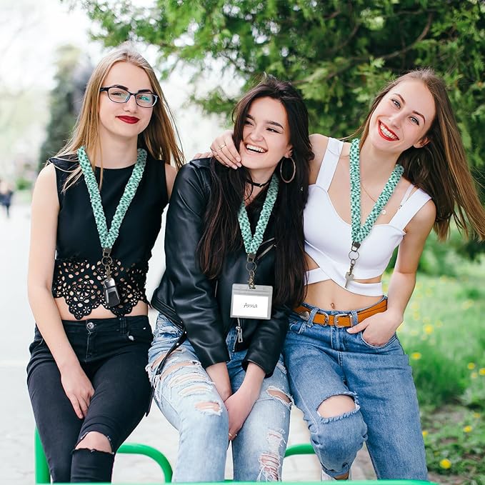 Marspark 2 Set Scrunchie Lanyards with 4 Card Holders for ID Badges and Keys Cute Stretchy Scrunchie Neck and Wrist Lanyards for Teacher Women Nurses School Office Supplies(White Light Green,Checked)
