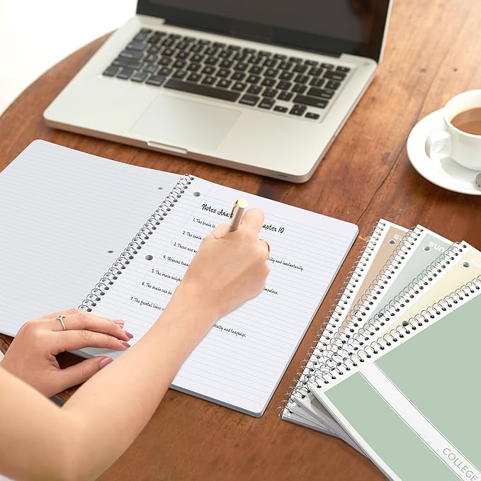 SUNEE Spiral Notebooks College Ruled, 1-Subject, 4 Pack, 8 x 10-1/2 inch, 70 Sheets per Notebook, 3-Hole Punched Paper, Green, Grey, Beige, Red for Work, Home & School, Writing Journal