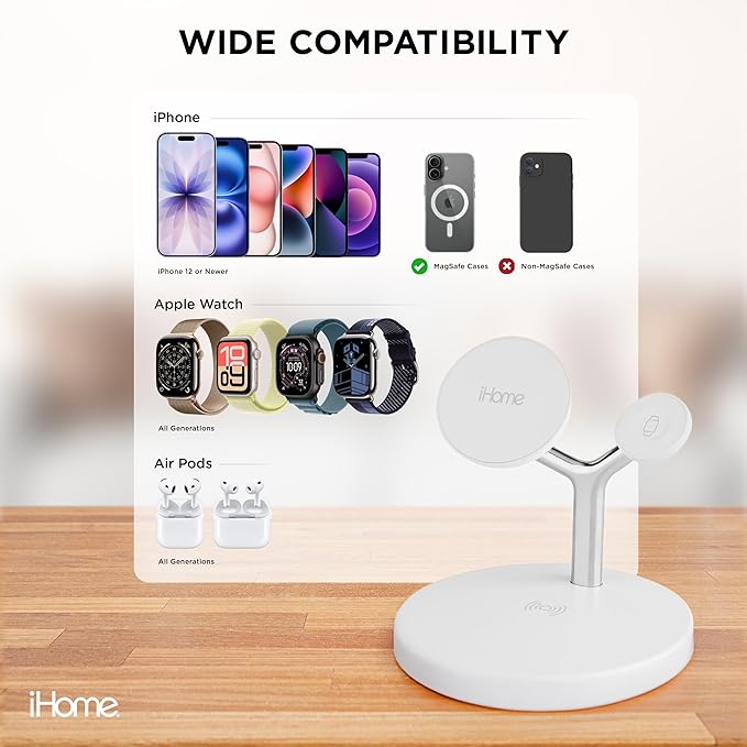 iHome Magnetic Charging Stand, 15W Wireless Charger for iPhone, Apple Watch & AirPods (4-in-1)