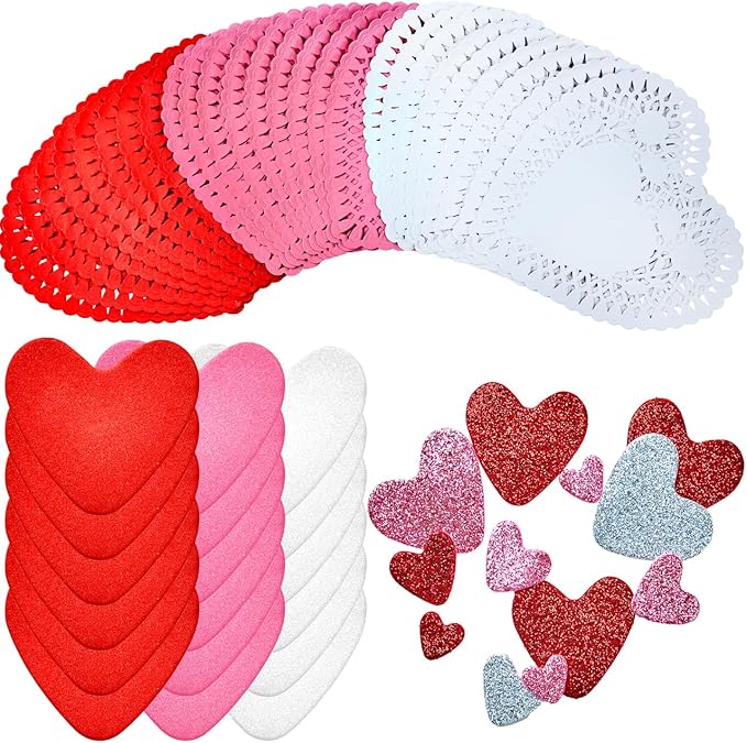 JOYIN 102 PCS Valentines Day Glitter and Foam Heart Doilies, Tableware Decoration, Home Activitie, Red White Pink Heart Doilies, Kitchen Disposable Table Crafts