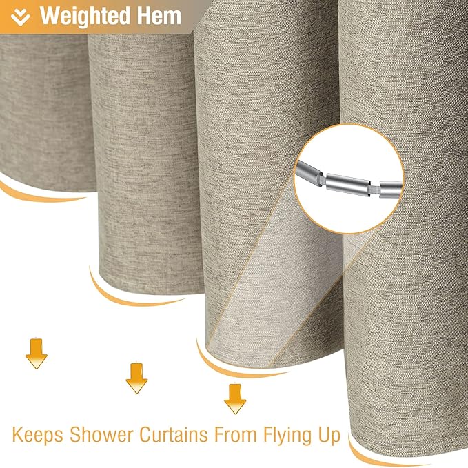 BTTN Fabric Shower Curtain - Linen Textured Weighted Cloth Shower Curtain Set with 12 Plastic Hooks, Hotel Spa Luxury Neutral Decorative Bath Curtains for Bathroom, Machine Washable - 72x72, Khaki/Tan
