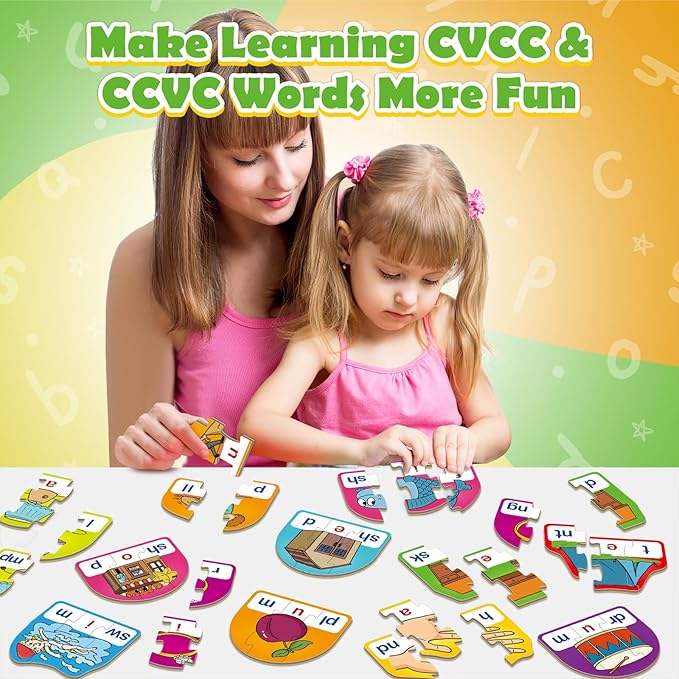 CVCC & CCVC Puzzle Cards for Kids,Phonics Games,Speech Therapy Toys for Toddlers,3 Alphabet Letter Word Puzzle,Learning Reading Spelling Games,Preschool Kindergarten Classroom Must Haves
