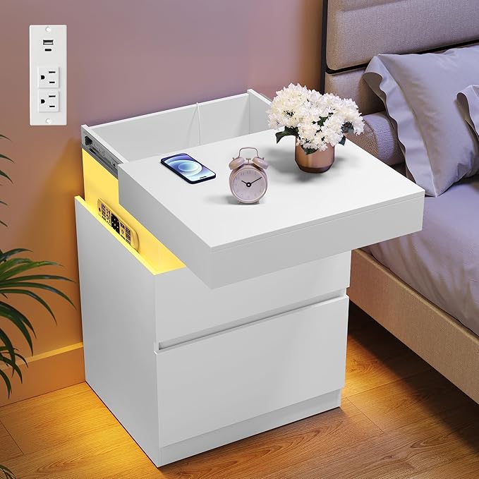 VASAGLE Kailyn Collection - Nightstand with Power Outlets, Sliding Lid, Modern Bedside Table with LED Lights, End Table, 2 Drawers, 15.7 x 18.9 x 26.8 Inches, Cloud White ULET650WB01S