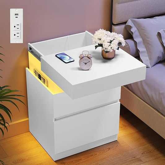 VASAGLE Kailyn Collection - Nightstand with Power Outlets, Sliding Lid, Modern Bedside Table with LED Lights, End Table, 2 Drawers, 15.7 x 18.9 x 26.8 Inches, Cloud White ULET650WB01S
