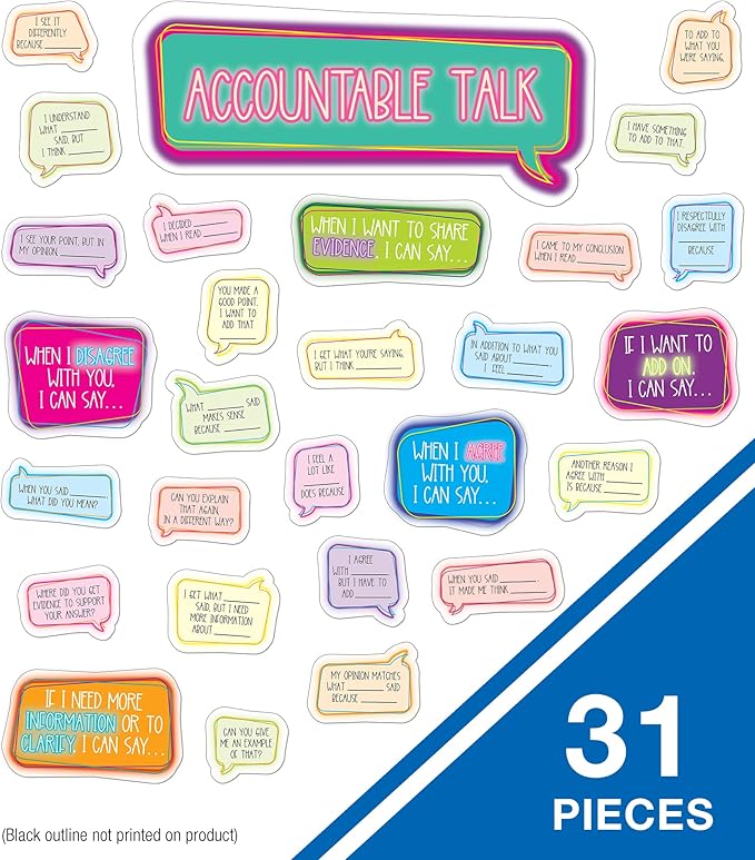 Carson Dellosa Accountable Talk Bulletin Board Set—Sentence Stem Speech Bubbles and Category Topic Signs for Group Discussions and Social-Emotional Learning, Homeschool or Classroom Décor (31 pc)