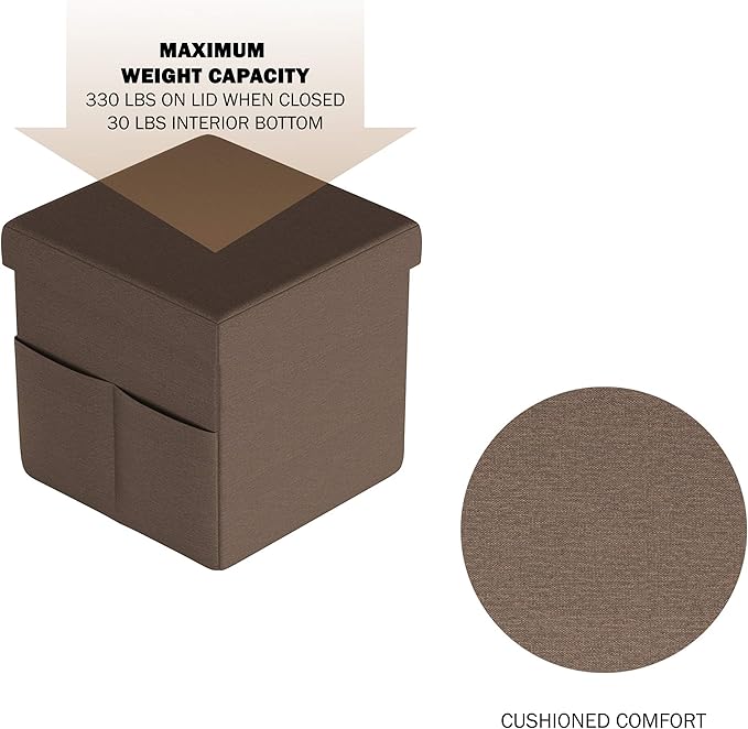 Set of 2 Ottomans with Storage Pockets - 15-Inch Folding Foot Rests or Storage Organizers for Bedroom, Living Room, or Dorm by Lavish Home (Brown)