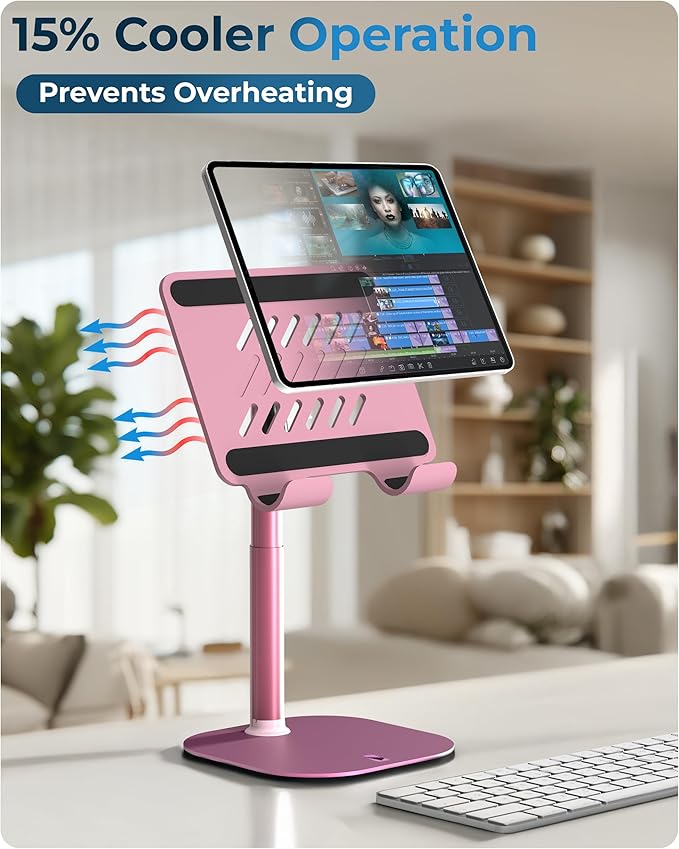 COOPER TabHolder, 7-10" Height Adjustable Tablet Stand, Premium iPad Stand for Desk, 270° Tilt iPad Holder, Kindle Holder, 15.6-17" Portable Monitor Support, (Lavender Pink)