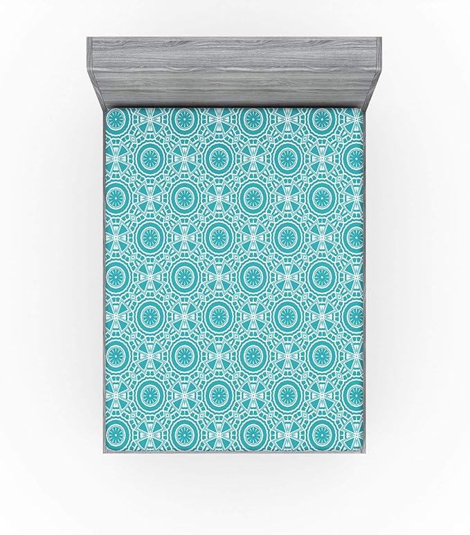 Ambesonne Boho Fitted Sheet, Continuous Abstract Pattern with Modern Mandala Effect Monochrome, Bed Cover with All-Round Elastic Deep Pocket for Comfort, Queen Size, Dark Seafoam and White