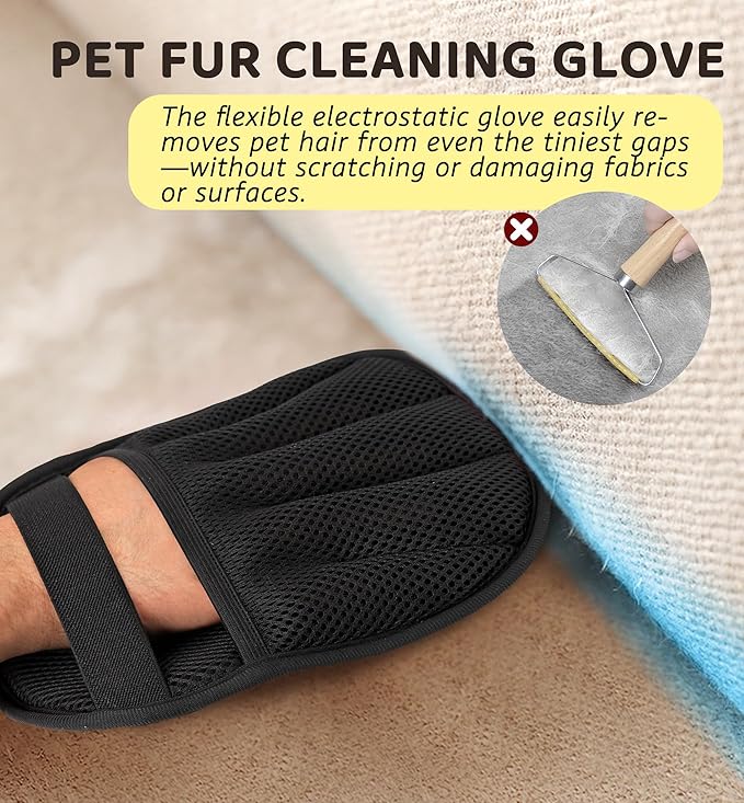 Pet Hair Remover Glove for Couch, Furniture, Carpet, Car Seat & Clothes, Electrostatic Hair Removal Mitts, 5-Finger Design, Flexible Easy Grip, Gentle Grooming Glove for Shedding Dogs & Cats