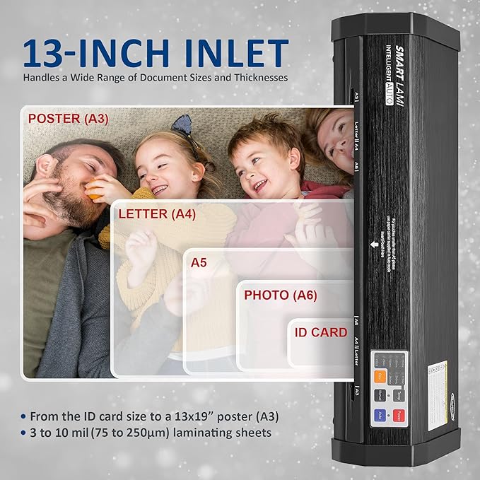 SINCHI Auto Sense 13" Heavy-Duty Laminator for Business & School, 3–10 Mil, 50s Warm-Up, 17s/Sheet, Works with Cardstock & Dark Prints, Never-Jam, Laminates 11x17, Includes 10 Sheets